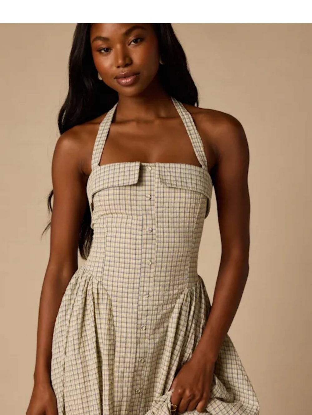 Lulu's Strapless Plaid Halter Midi Dress in Light Green and Cream